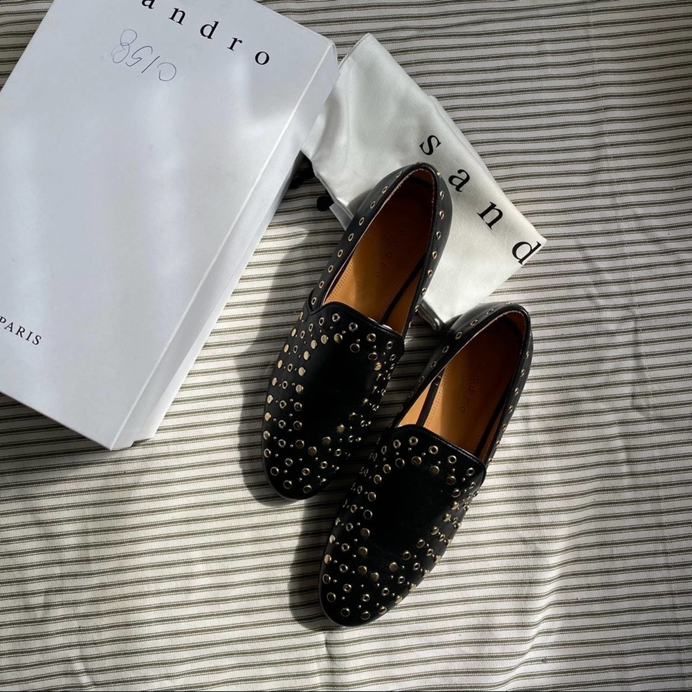 Sandro Studded Bary Leather Black Loafers Size 38 - Picture 2 of 8